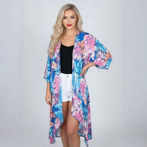 LuLaRoe Shirley Small Blue Pink Orange Tropical Print Kimono Sheer Cover Up